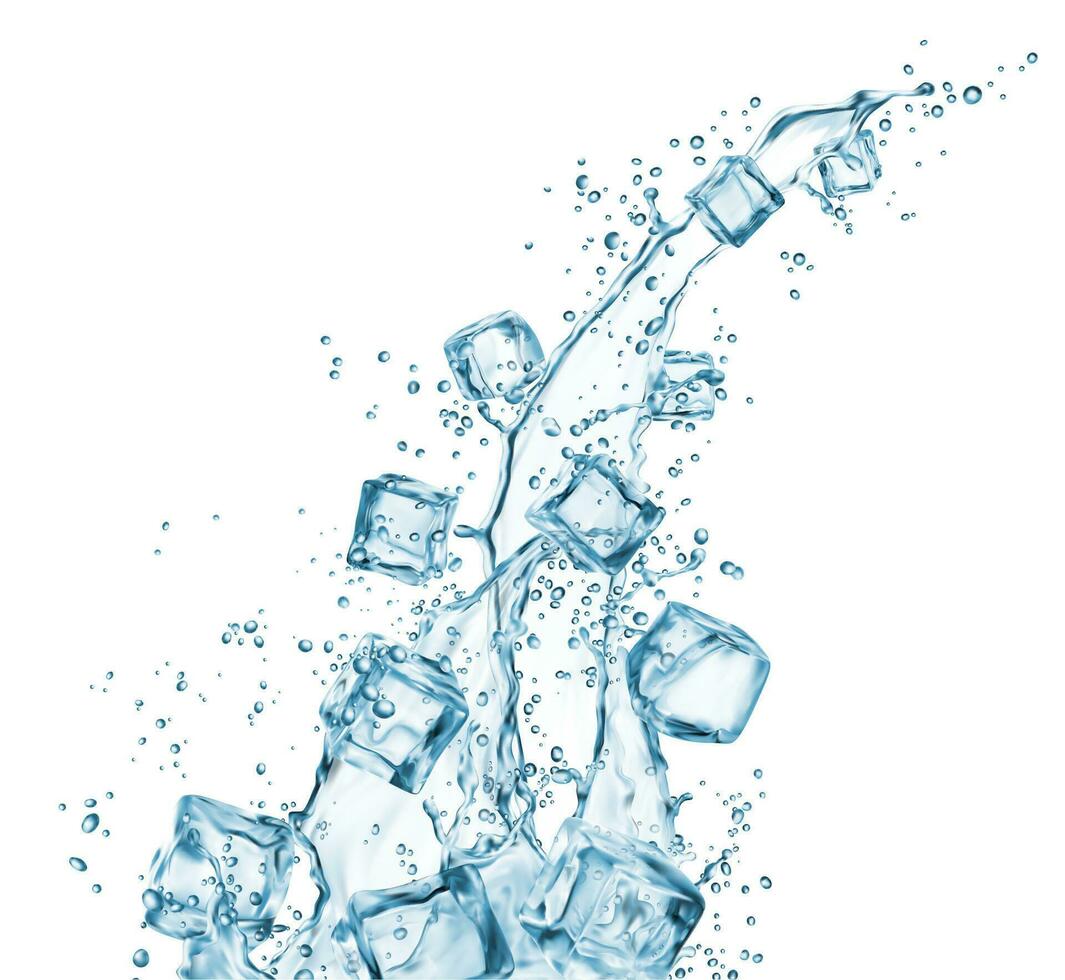 líquido água fluxo respingo com gelo cubos dentro derramar vetor