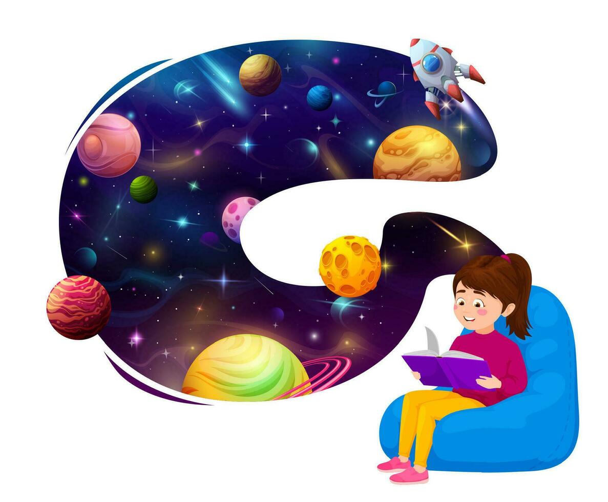 criança menina lendo livro e sonhando sobre espaço vetor