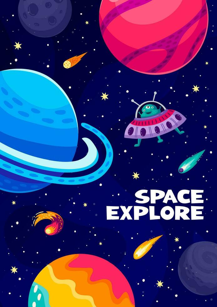 desenho animado espaço panorama poster com planetas, estrangeiro vetor