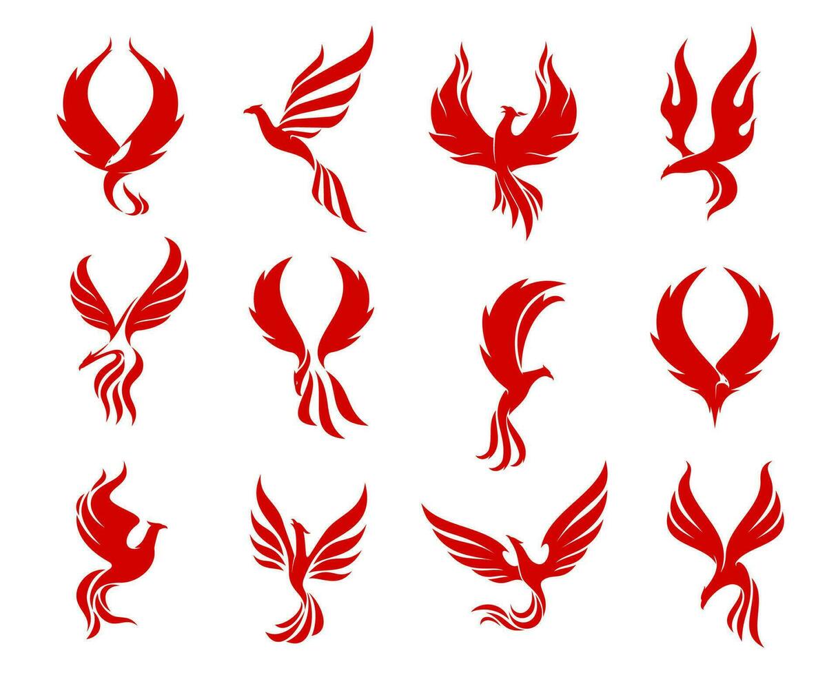 vermelho Fénix pássaro ícones, pássaro de fogo em fogo asas vetor
