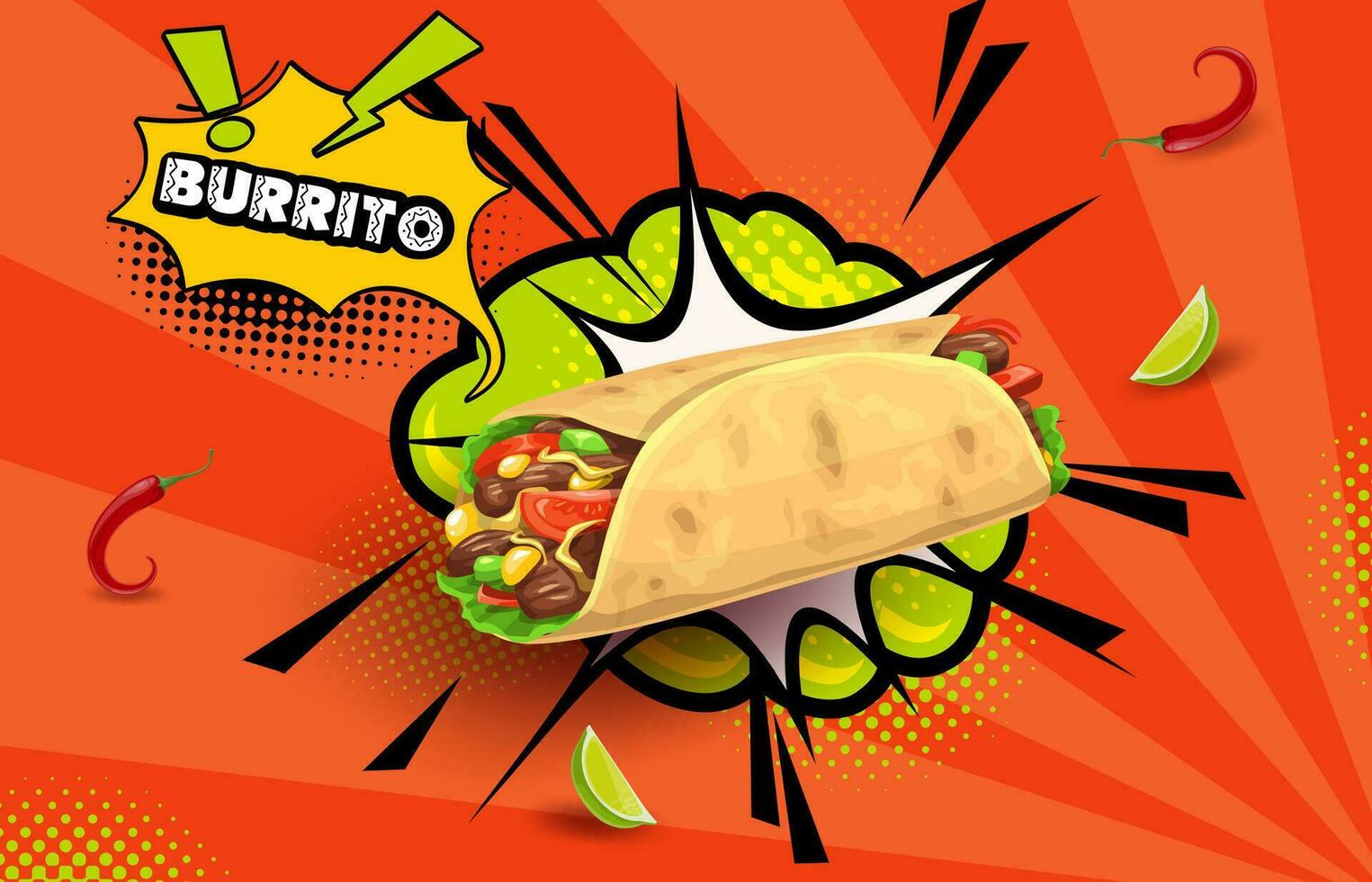 retro quadrinho meio-tom bolha com mexicano burrito vetor