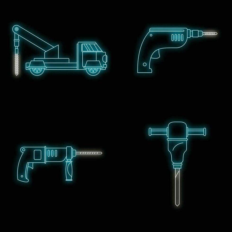 perfuração máquina elétrico ícones conjunto vetor néon