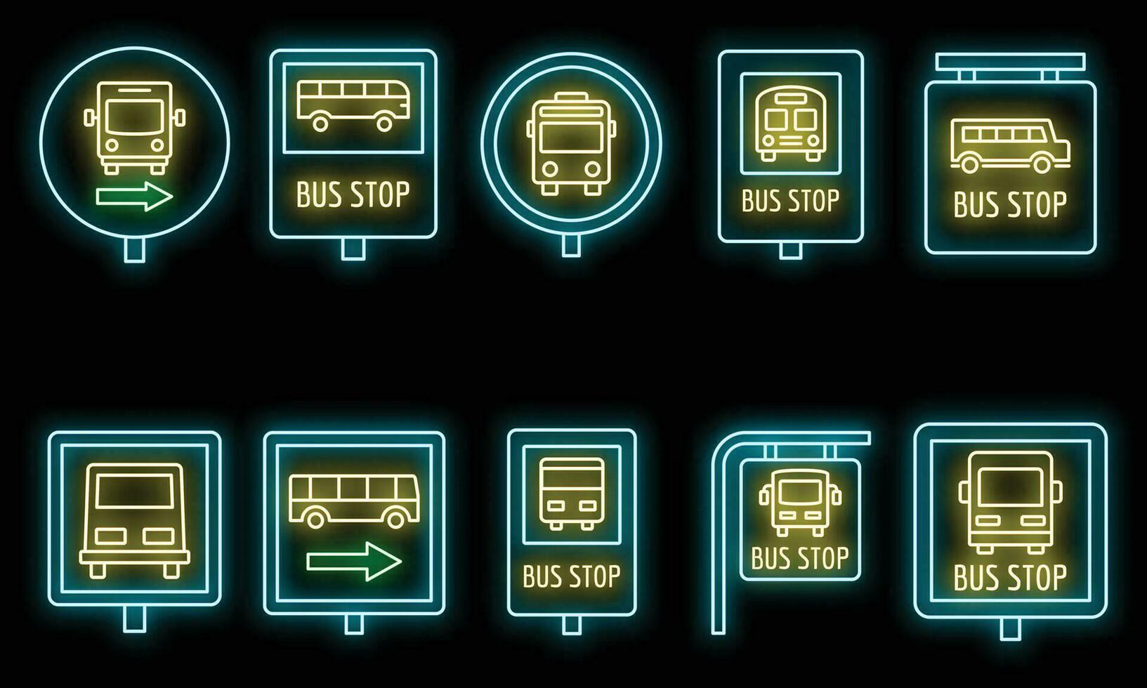 cidade ônibus Pare placa ícone conjunto vetor néon