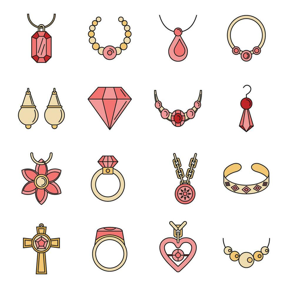 jóias colar luxo ícones conjunto vetor cor