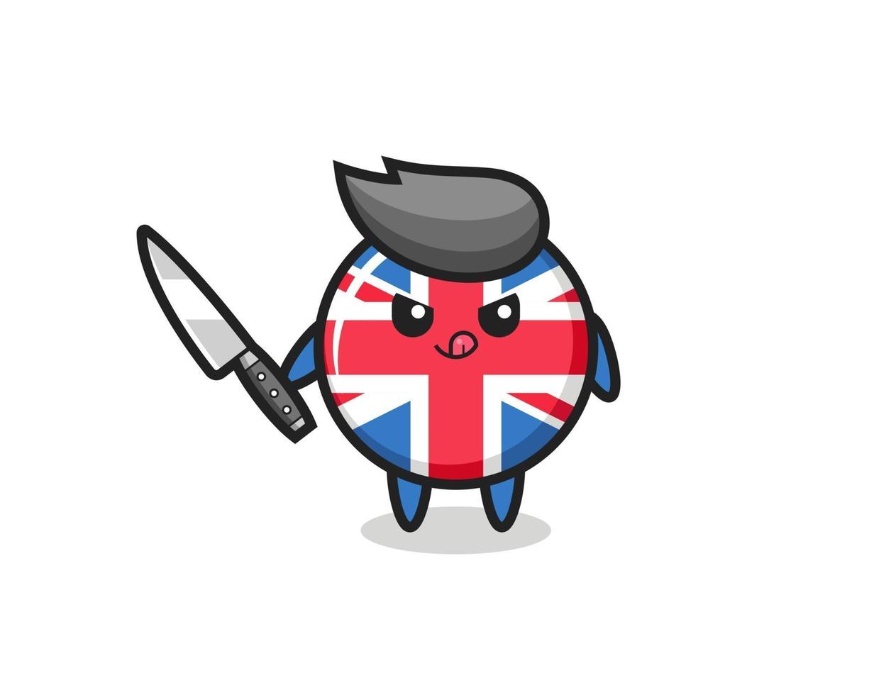 Fofinho mascote do emblema da bandeira do Reino Unido como um psicopata segurando uma faca vetor