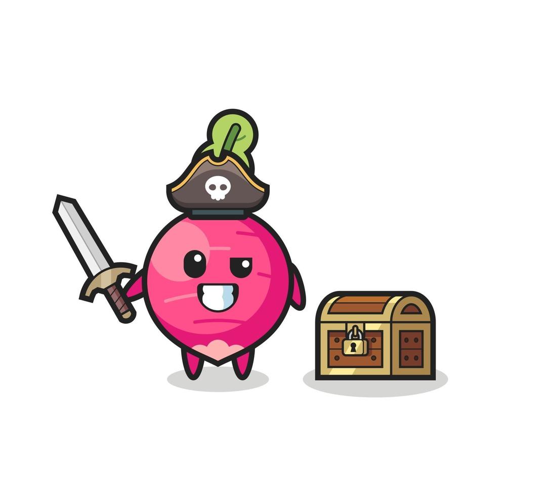 o personagem pirata rabanete segurando uma espada ao lado de uma caixa de tesouro vetor