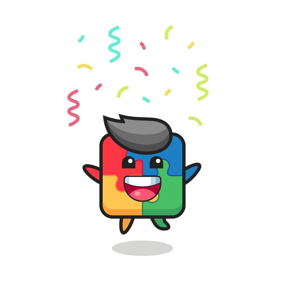 mascote do quebra-cabeça feliz pulando para parabéns com confetes coloridos vetor