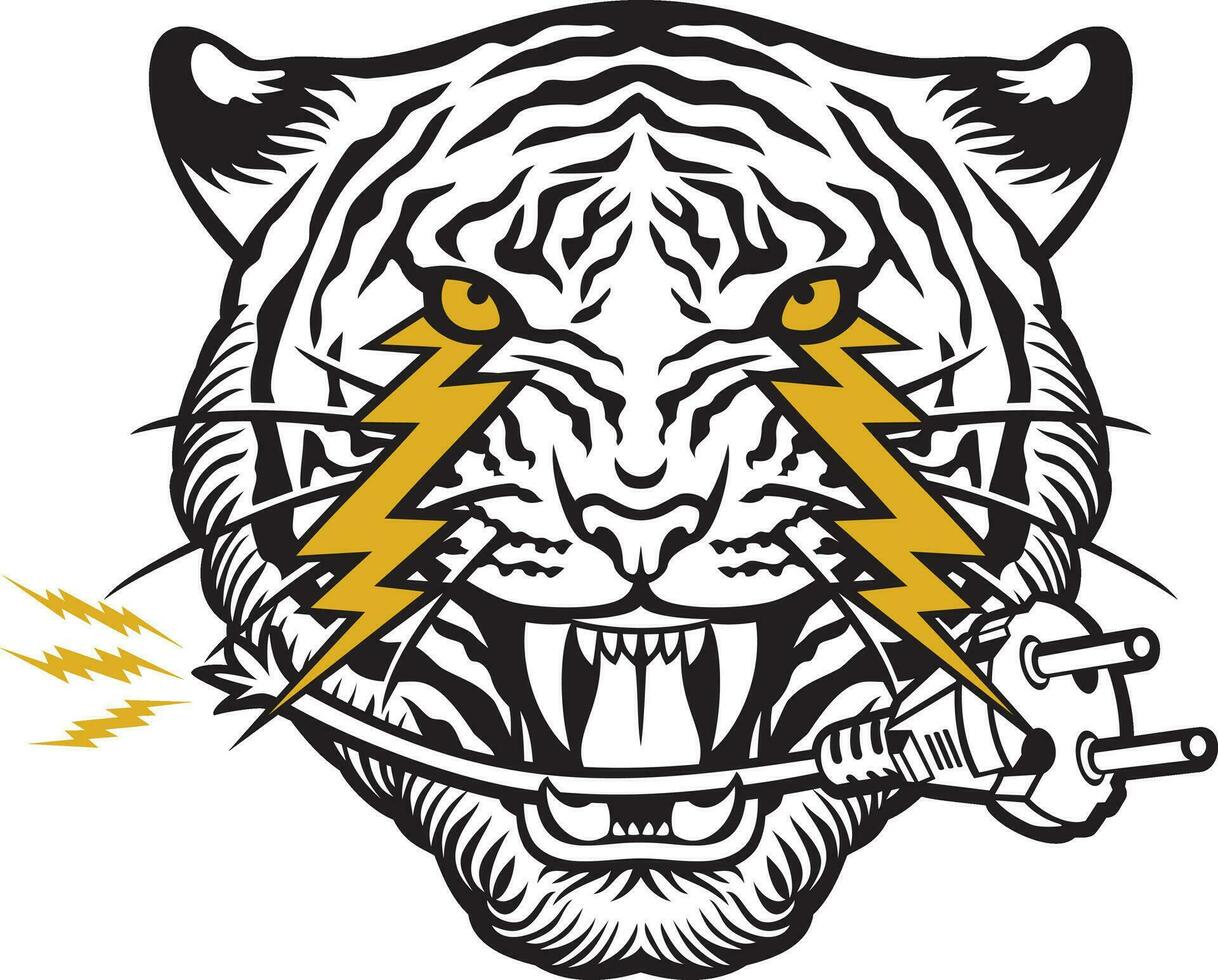 tigre face com relâmpago parafusos e poder plugue dentro Está boca. vetor ilustração.