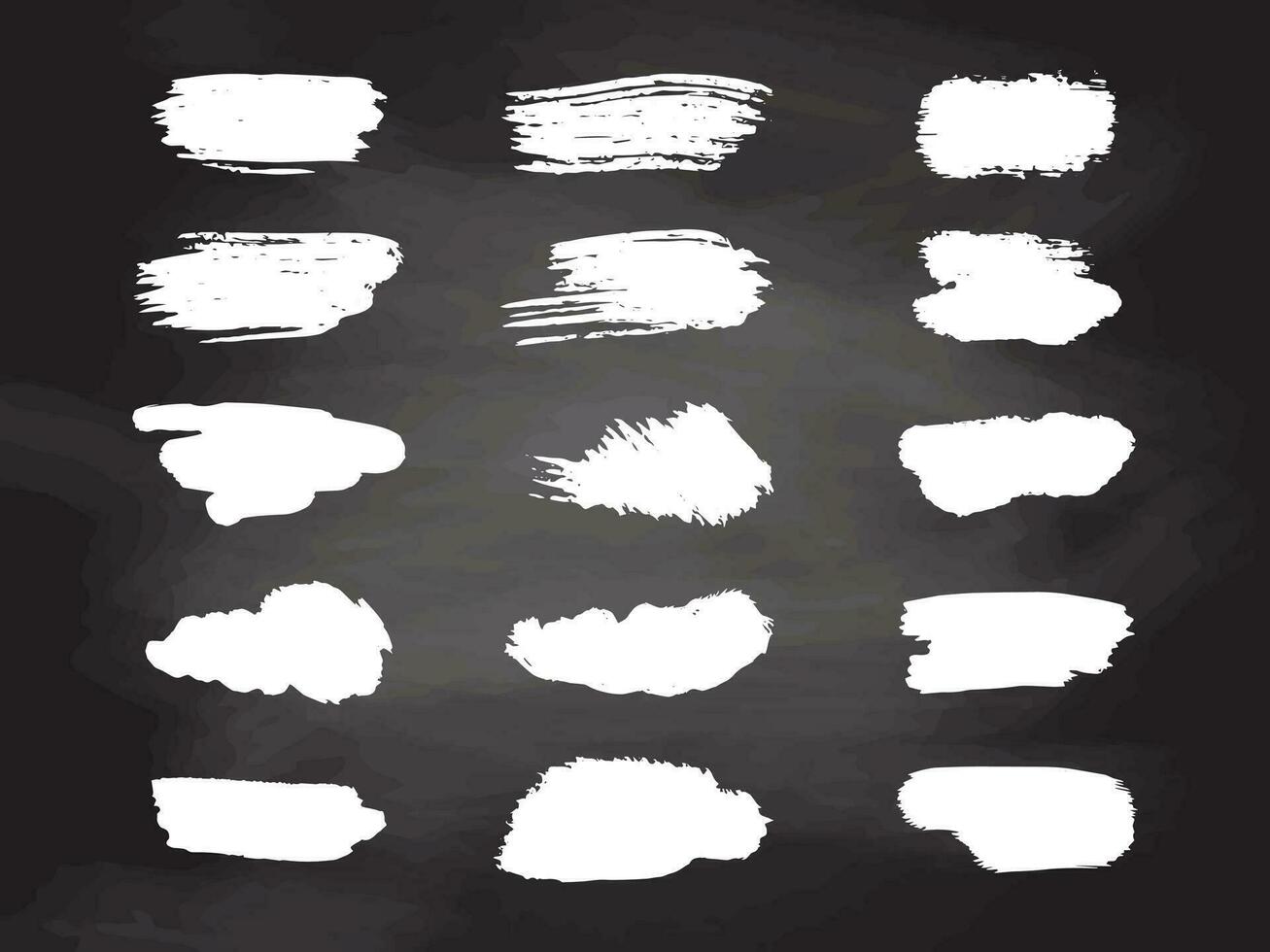 grunge branco escova golpes, pintura rolo elementos em quadro-negro fundo. conjunto do mão desenhado vetor tinta respingo elementos.