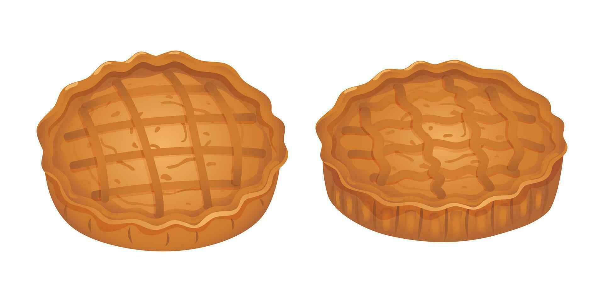 dois abóbora ou maçã tortas, uma tradicional Ação de graças sobremesa. perfumado doce pastelaria fez a partir de massa com uma crocantes crosta. uma confeitaria produtos fez a partir de farinha com o preenchimento e especiarias. vetor. vetor