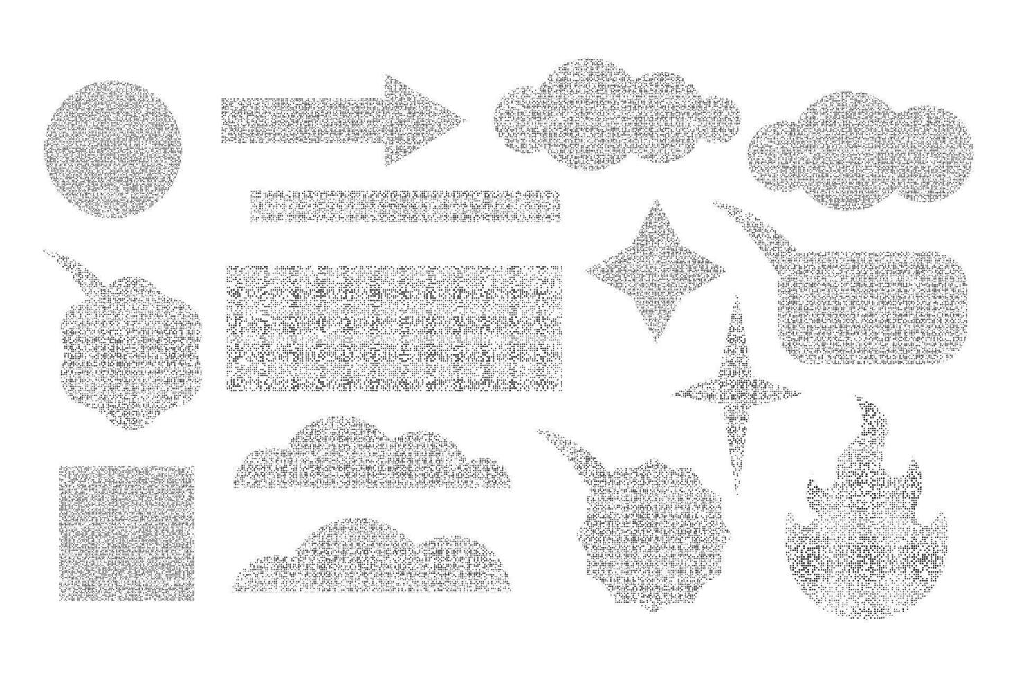 coleção do diferente areia textura ícones. geométrico formas e símbolos com granulado ruído efeito. grunge estrela, coração, seta, quadrado, fogo, retângulo, círculo, nuvem, discurso bolha. vetor. vetor