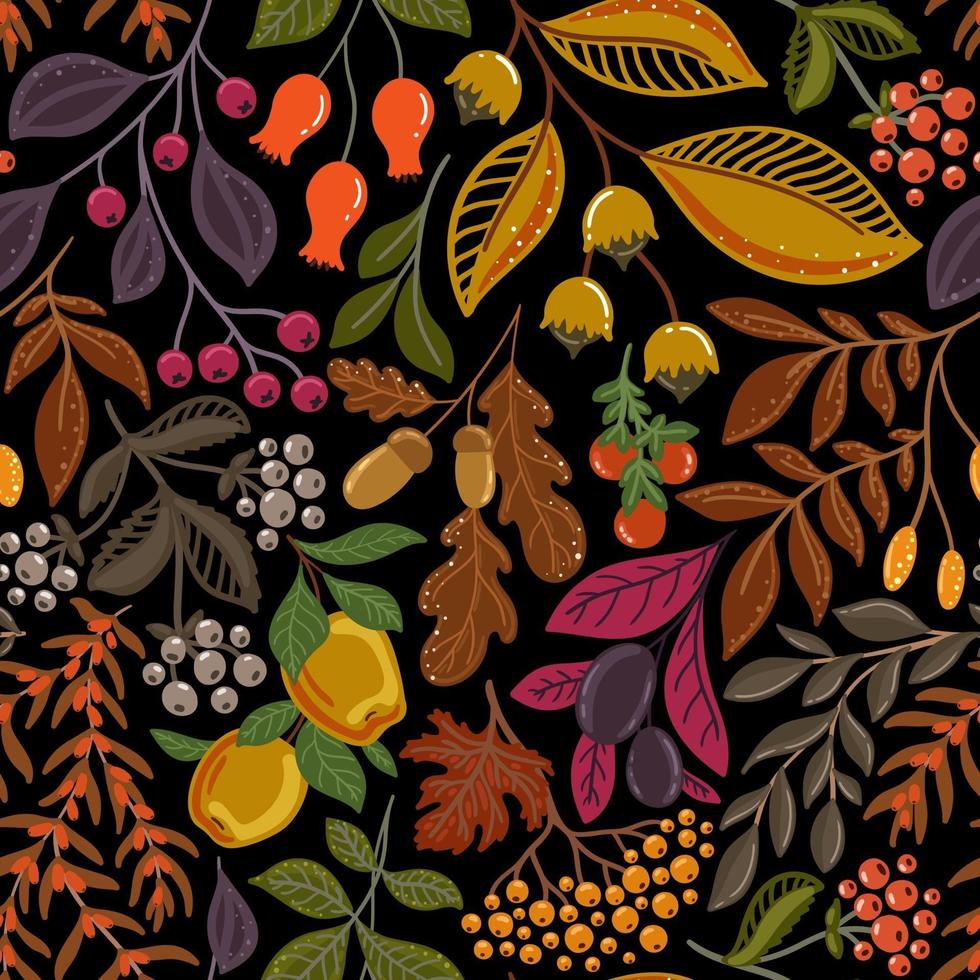 fundo preto sem costura vector com frutos de outono e nozes