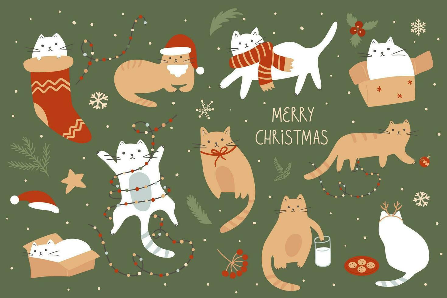 Natal gatos a comemorar inverno feriado definir. vetor Novo ano fofa animais de estimação jogando com Natal decoração e vestindo santa claus chapéu, lenço, festão. engraçado gatinha coleção, isolado elementos.