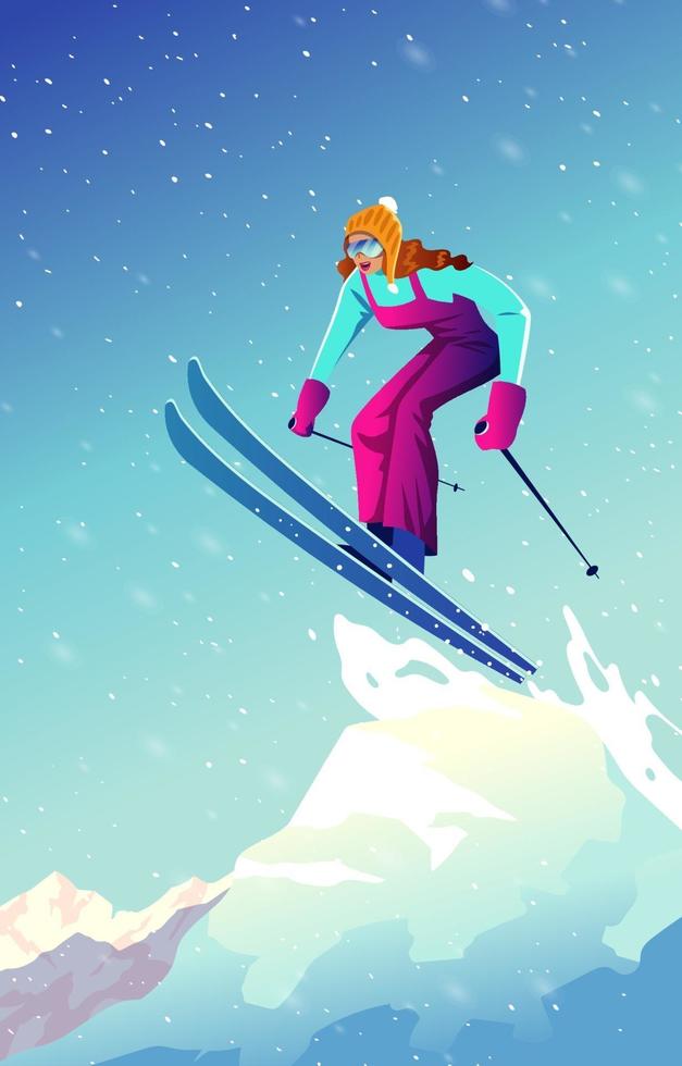 mulher esquiando nas montanhas vetor