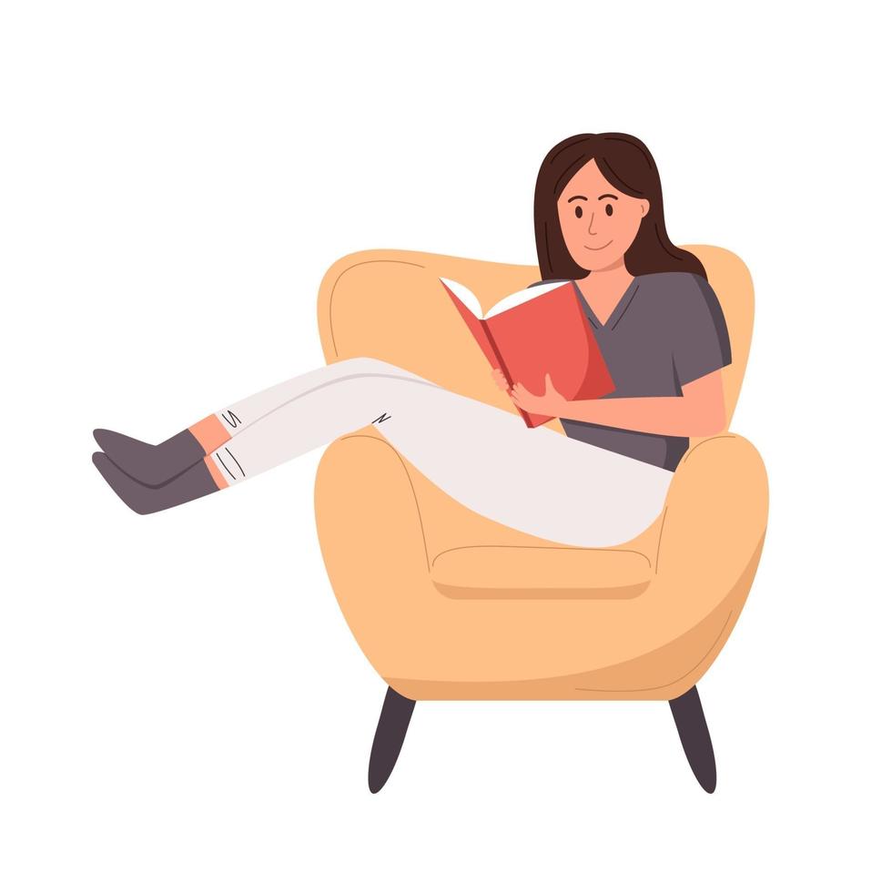 menina lendo um livro na cadeira vetor