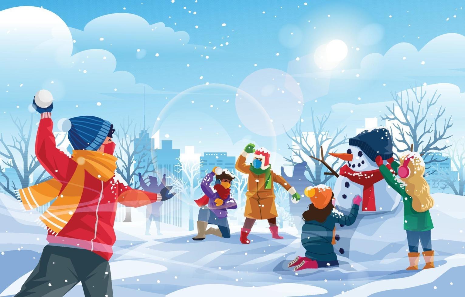 país das maravilhas do inverno com crianças brincando de conceito de fundo de neve vetor