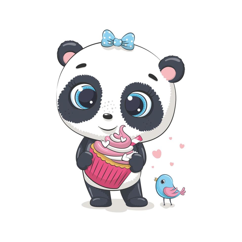 panda bebê fofo com bolinho e pássaro. ilustração vetorial. vetor