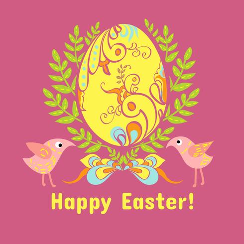 Cartão de Páscoa com ovos, flores e pássaros vetor