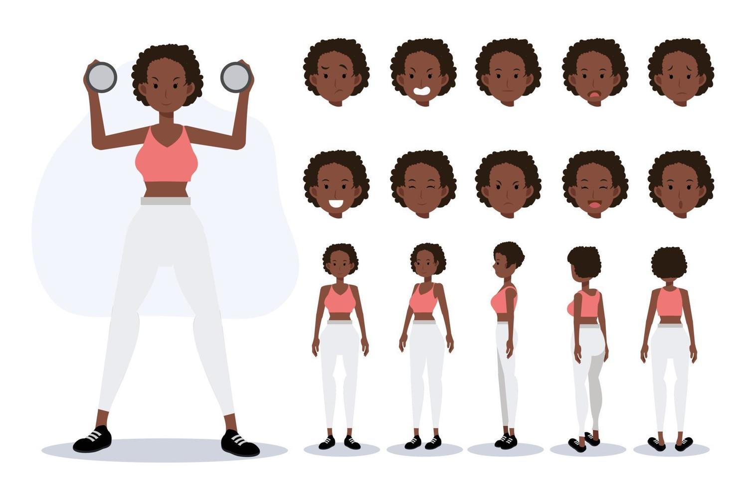 personagem de uma mulher afro-americana usa exercícios em vários pontos de vista, vetor