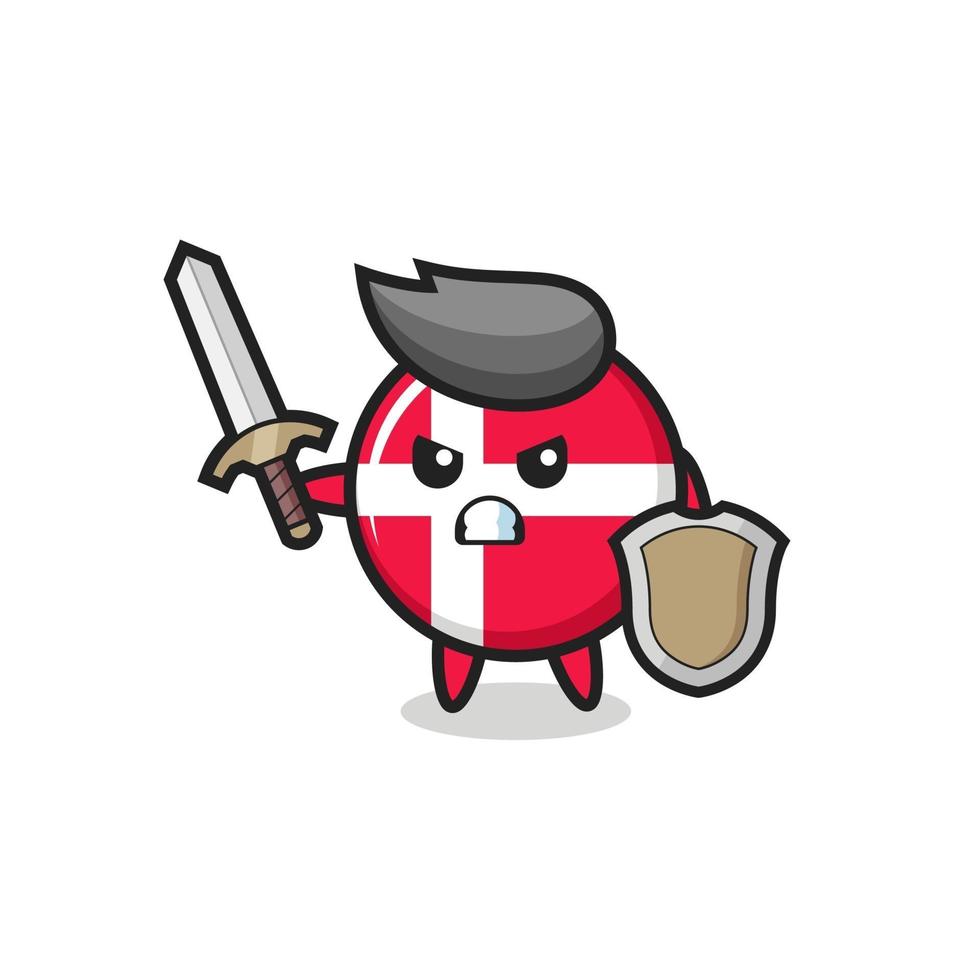 Soldado fofo com o emblema da bandeira da Dinamarca lutando com espada e escudo vetor