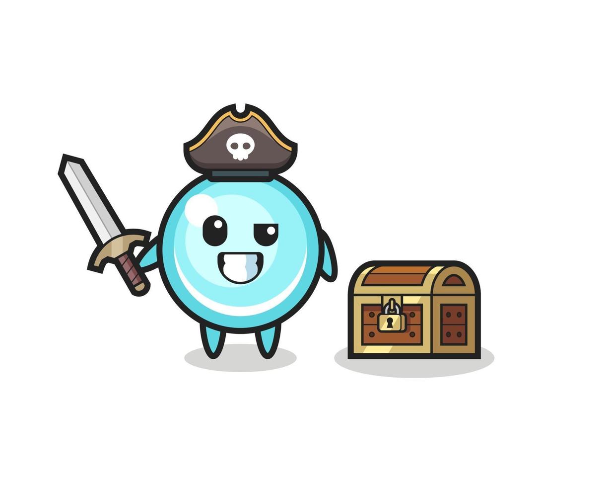 o personagem do pirata da bolha segurando uma espada ao lado de uma caixa de tesouro vetor
