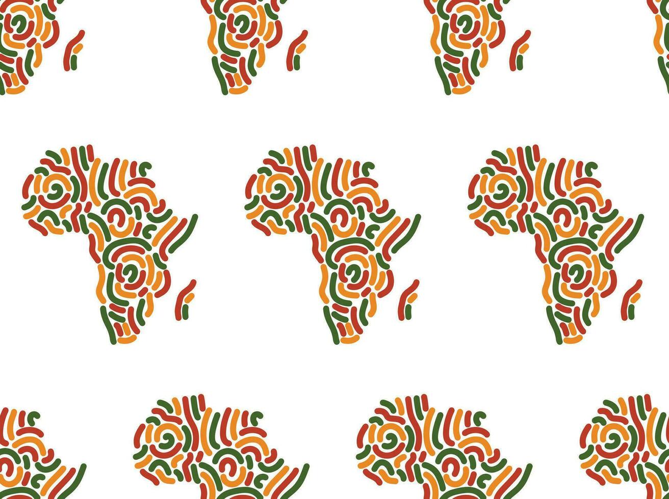 desatado padronizar fundo, decorativo símbolo África mapa, silhueta do africano continente com abstrato linhas enfeite dentro cor do panela africano bandeira - vermelho, amarelo, verde. vetor