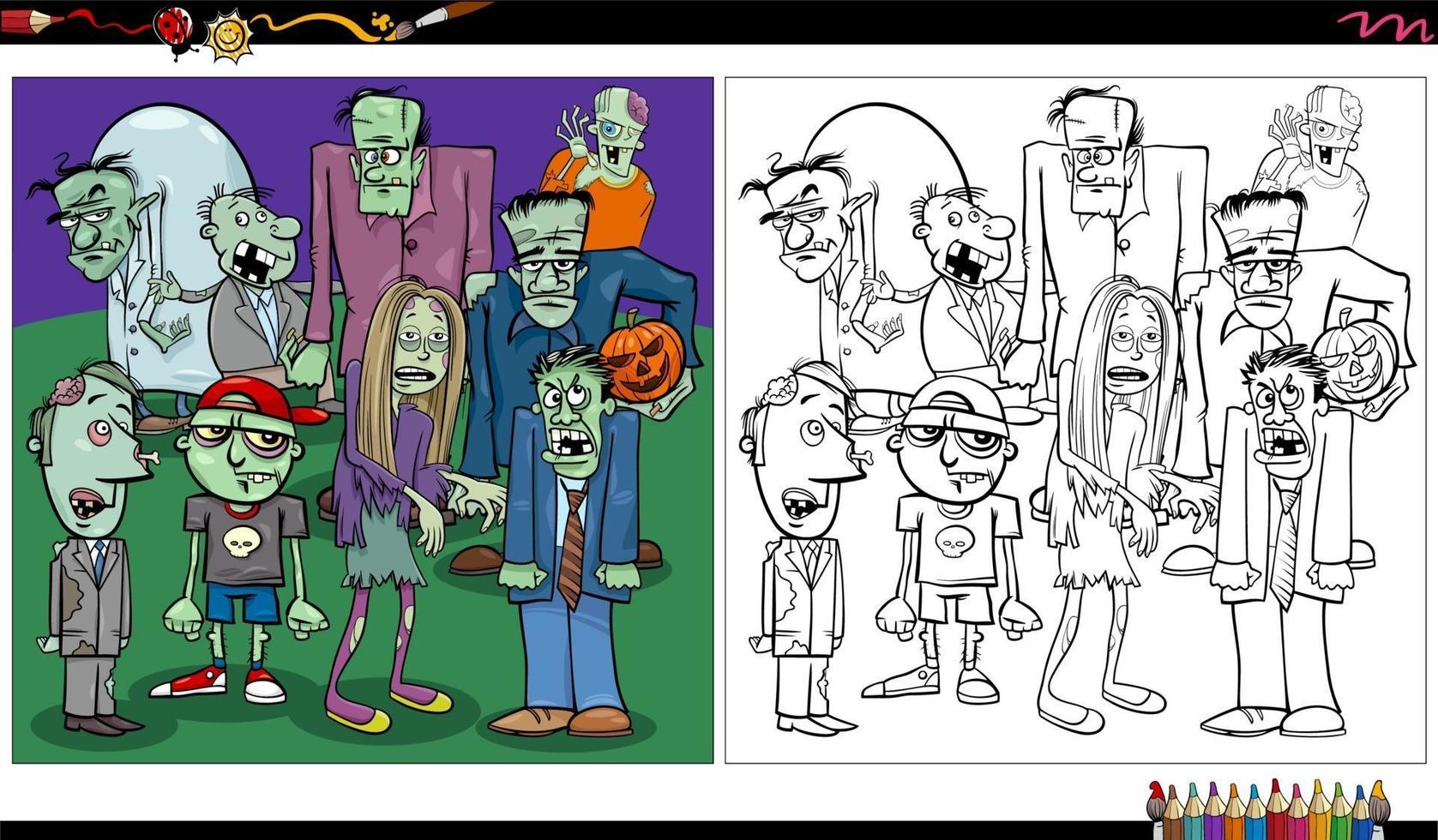 desenhos animados do grupo de personagens de zumbis do Dia das Bruxas para colorir página vetor