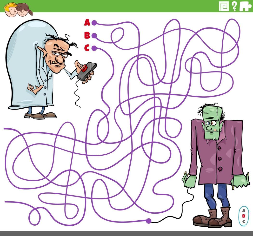 jogo de labirinto com cientista malvado de desenho animado e zumbi vetor