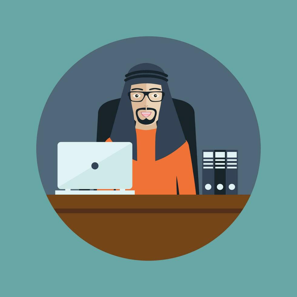árabe homem de negocios sentado escritório escrivaninha trabalhando computador portátil computador plano vetor ilustração.