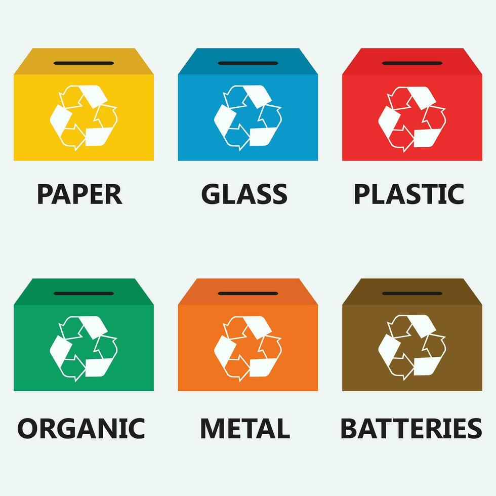 diferente colori reciclar desperdício caixas vetor ilustração, desperdício tipos segregação reciclando vetor ilustração. orgânico, baterias, metal plástico, papel, vidro desperdício. vetor ilustração