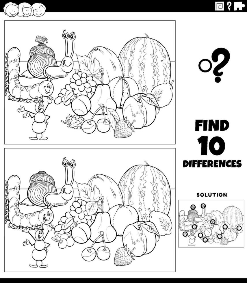 diferenças atividade com desenho animado insetos e fruta coloração página vetor