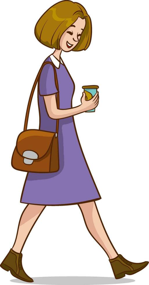 ilustração do uma menina caminhando com uma saco e uma café copo vetor