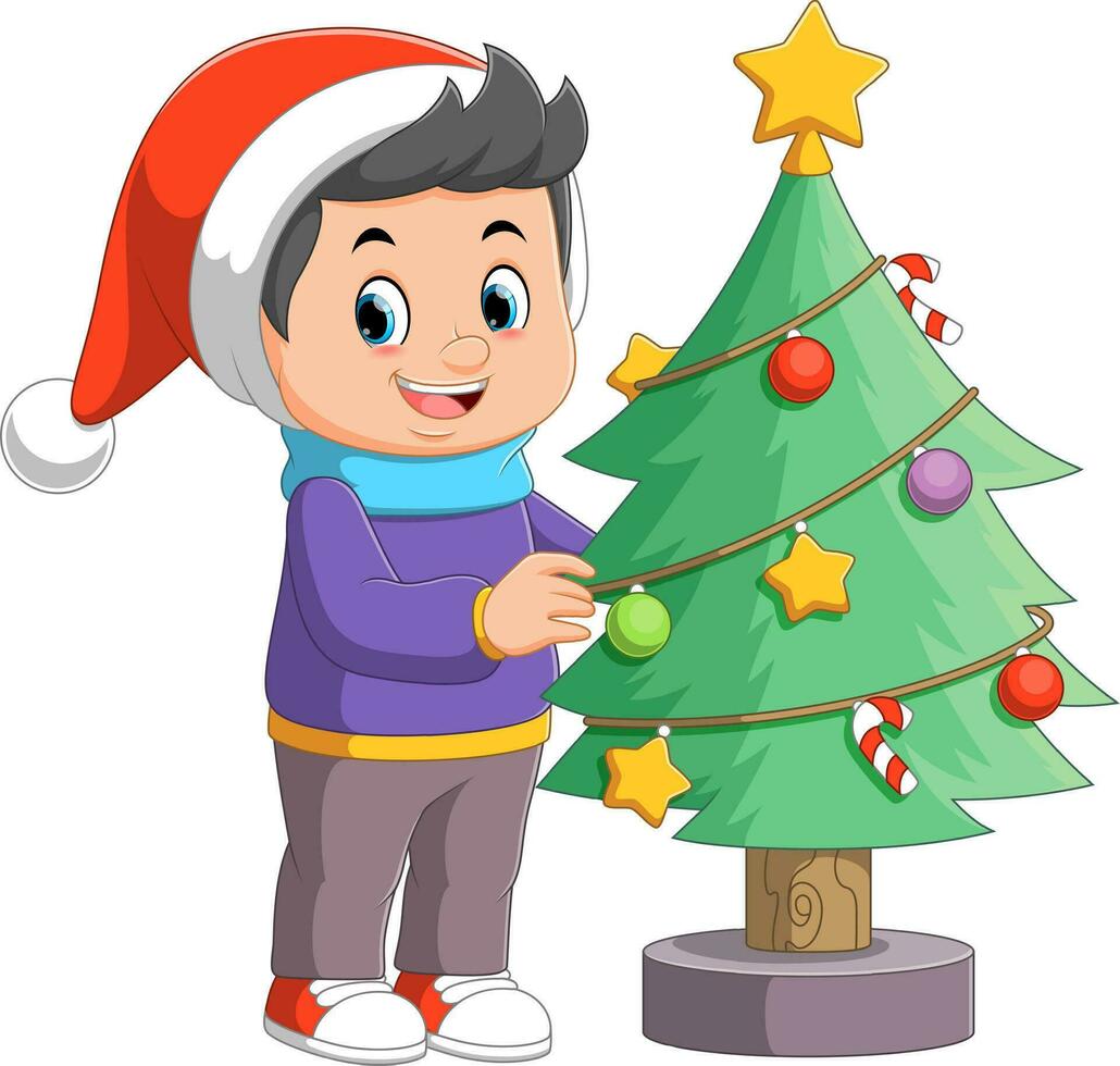 desenho animado pequeno Garoto decoração uma Natal árvore com bolas vetor