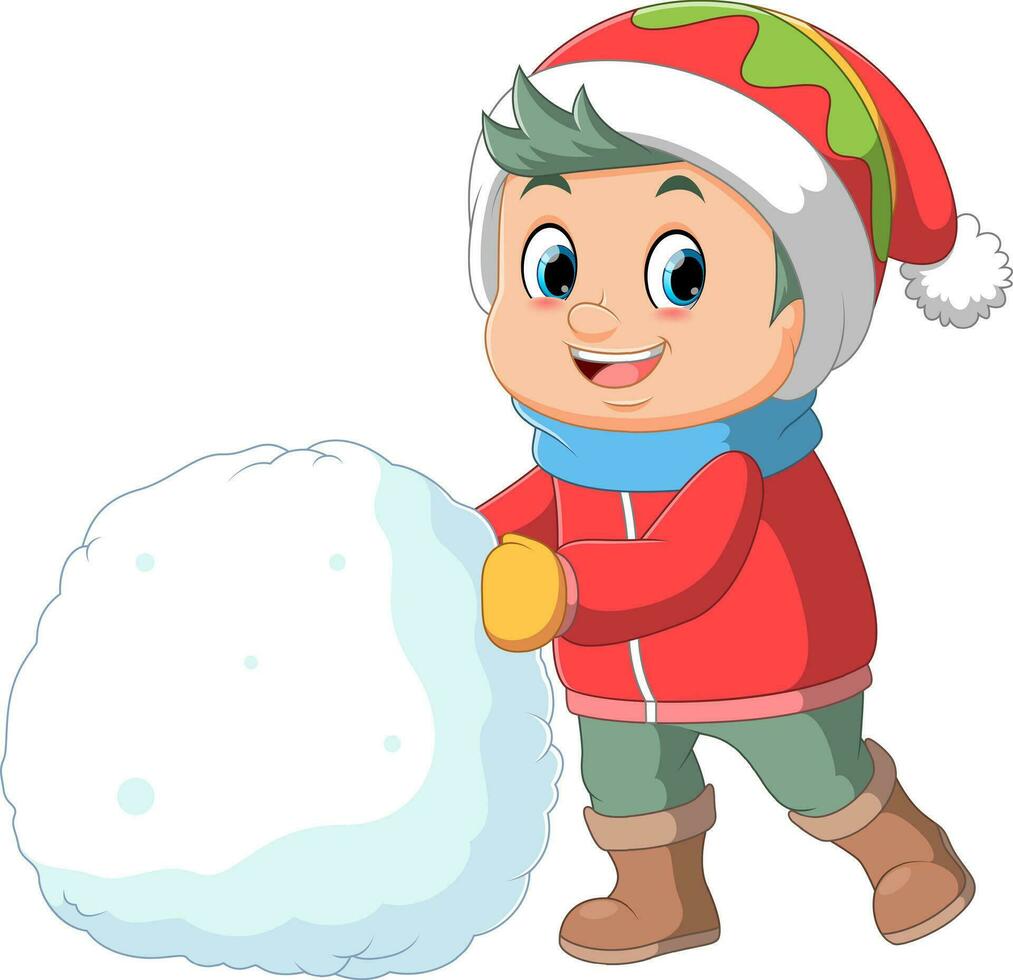 menino dos desenhos animados em roupas de inverno com grande bola de neve vetor