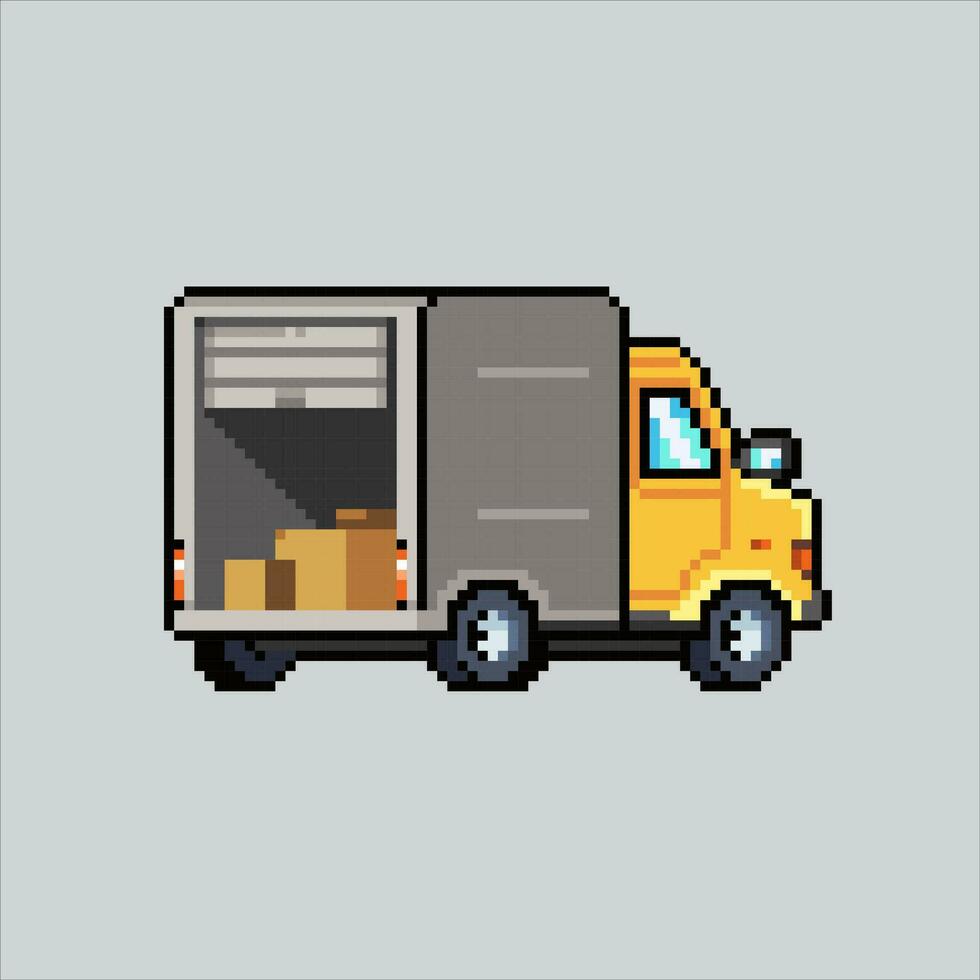 pixel arte ilustração caixa caminhão. pixelizada caminhão. caixa recipiente caminhão pixelizada para a pixel arte jogos e ícone para local na rede Internet e vídeo jogo. velho escola retrô. vetor