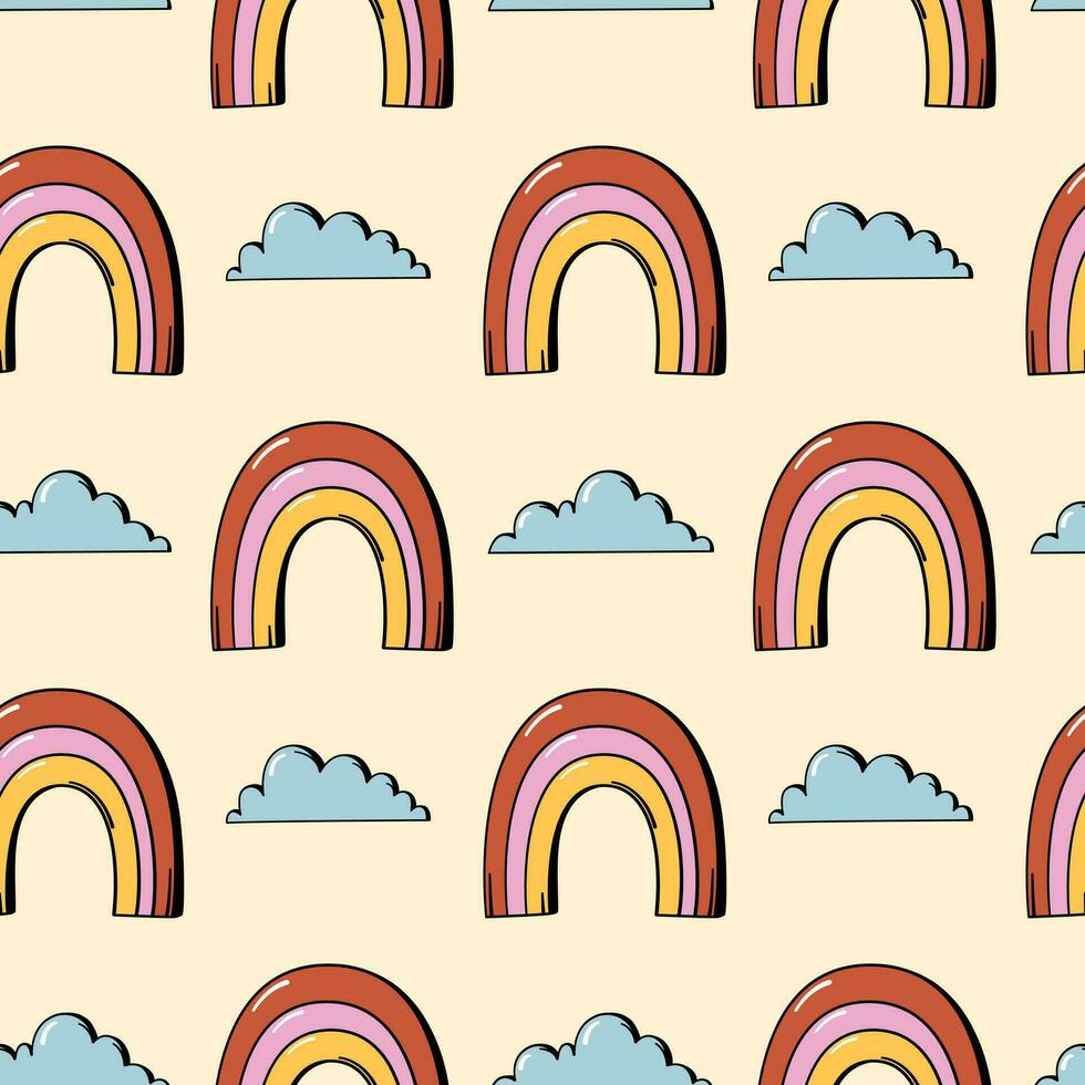 arco-íris e nuvens hippie desatado padronizar dentro retro anos 60-70 estilo. engraçado sem fim fundo ou impressão Projeto dentro caloroso cor paleta. vetor