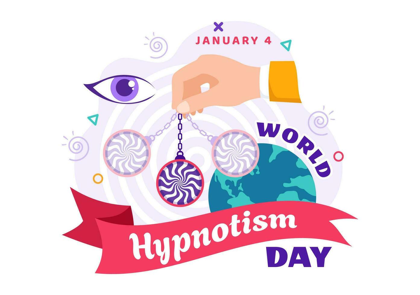 mundo hipnotismo dia vetor ilustração em 4 janeiro com Preto e branco espirais criando a alterado Estado do mente para tratamento Serviços