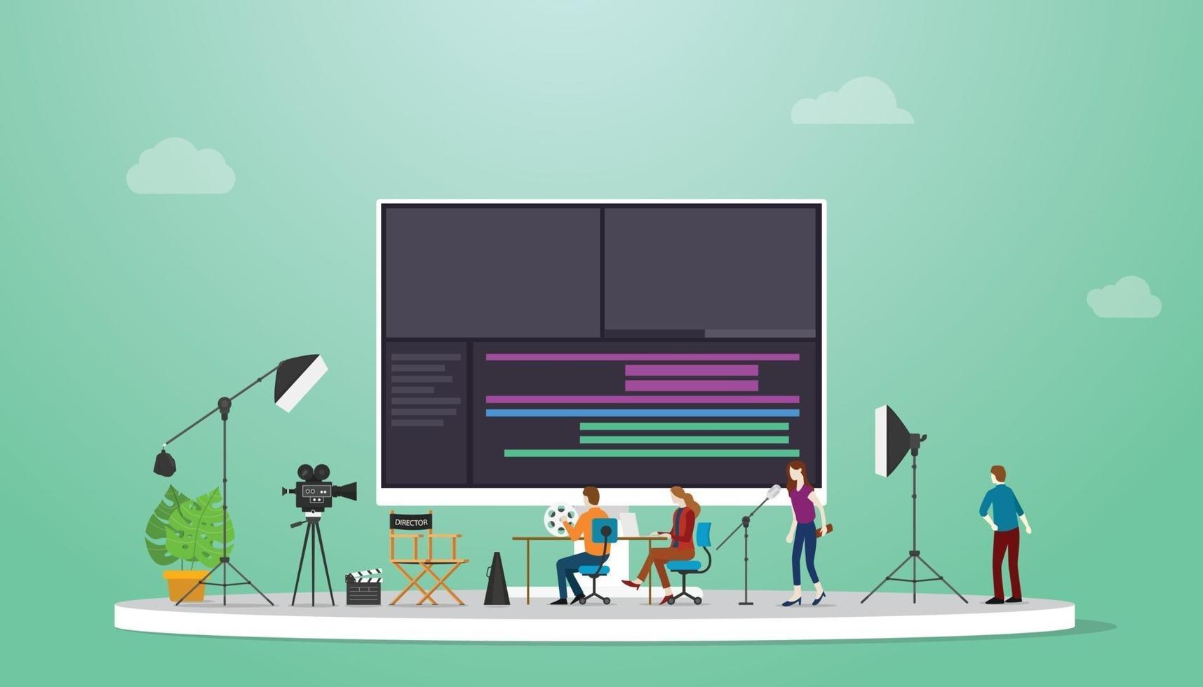 conceito de produção de filme ou vídeo com editor de vídeo em equipe vetor