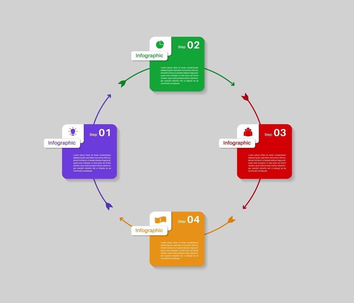 modelo de infográfico circular de 4 etapas para negócios, limpo e colorido vetor