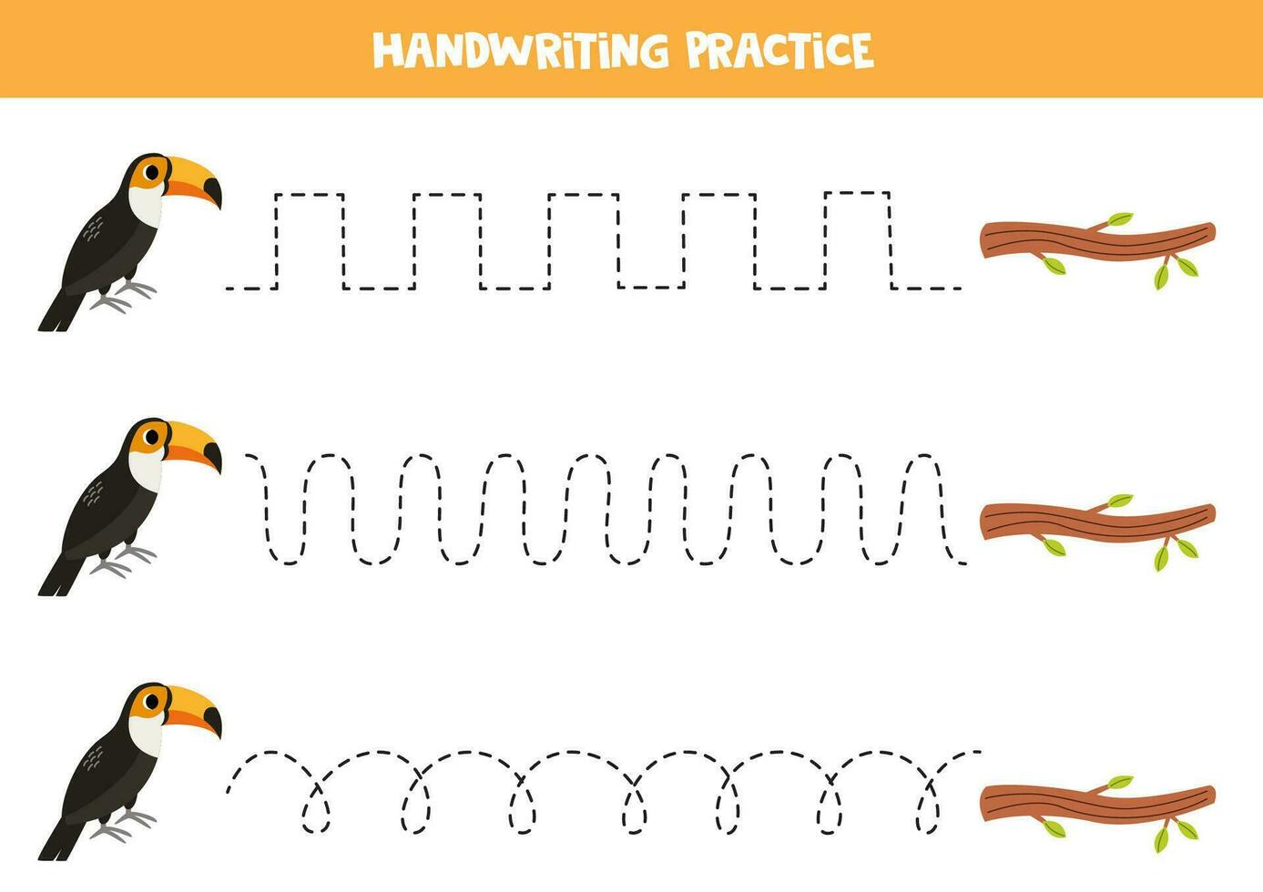 rastreamento linhas para crianças. fofa tucano e árvore ramo. caligrafia prática. vetor