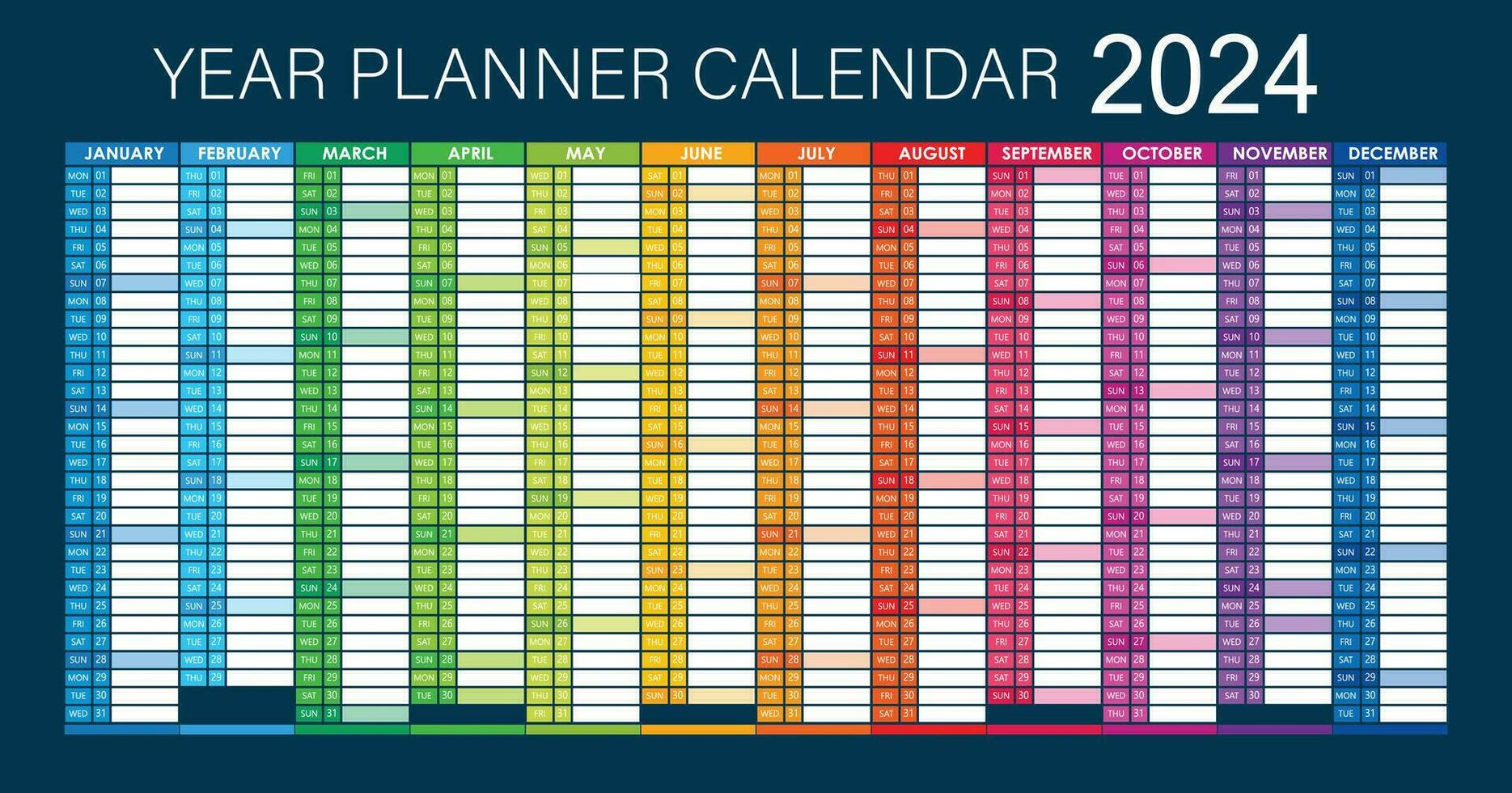 2024 ano planejador - parede planejador calendário colorida - cheio editável - vetor Sombrio