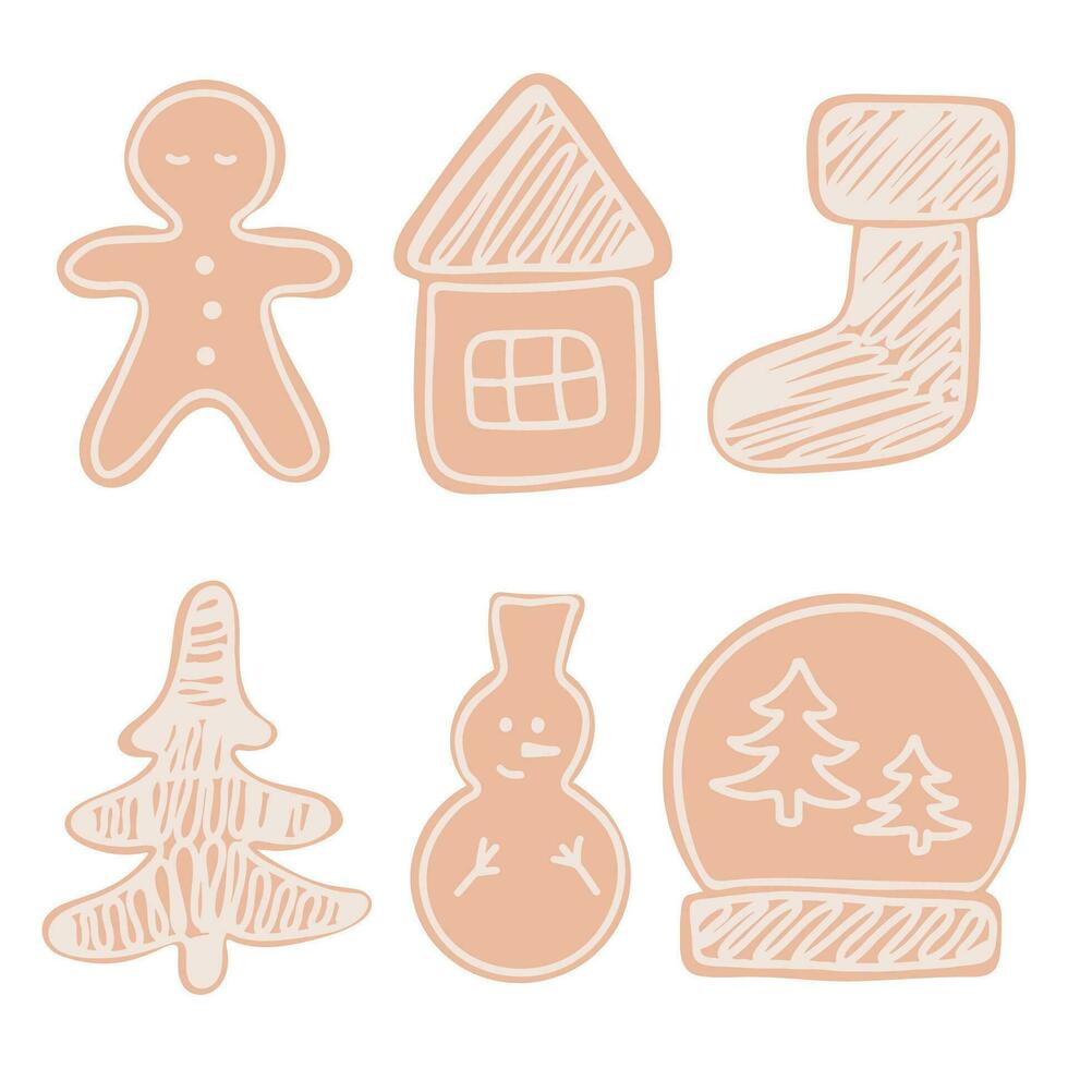 conjunto do Pão de gengibre biscoitos para Novo ano e Natal a partir de uma Pão de gengibre homem, casa, boneco de neve, vidro bola, Natal árvore e bota com Esmalte. dentro a estilo do minimalismo e desenho animado vetor