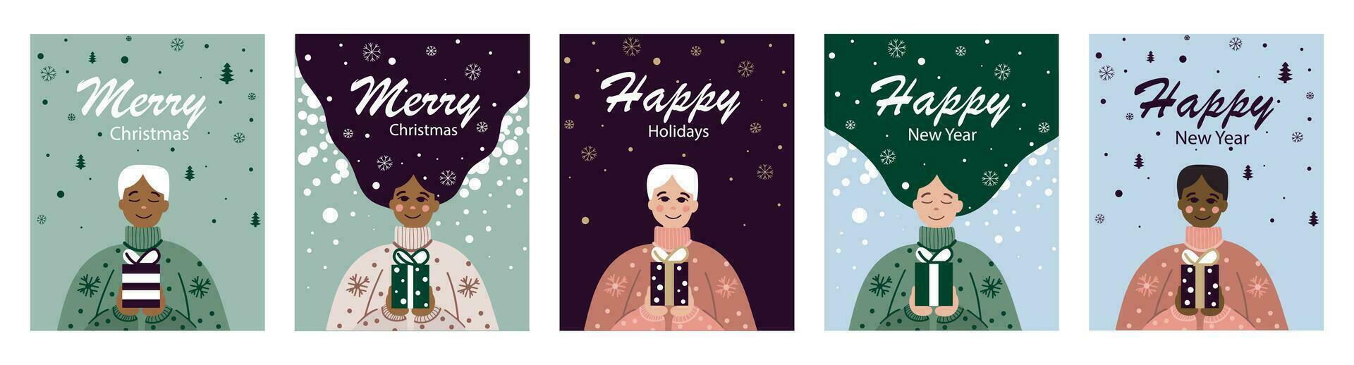 moderno universal arte modelos. corporativo feriado cartões com uma pessoa, uma presente, Natal árvores, flocos de neve e neve. vetor ilustração. casar Natal e feliz Novo ano