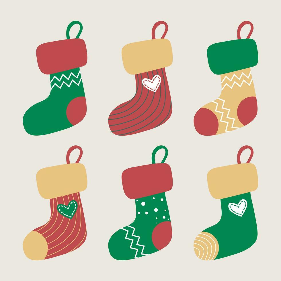 conjunto do vermelho, verde, amarelo meias. Natal meias. adesivos, grampo arte para Natal. suspensão meias em destaque em uma branco fundo. vetor ilustração. feriado presentes