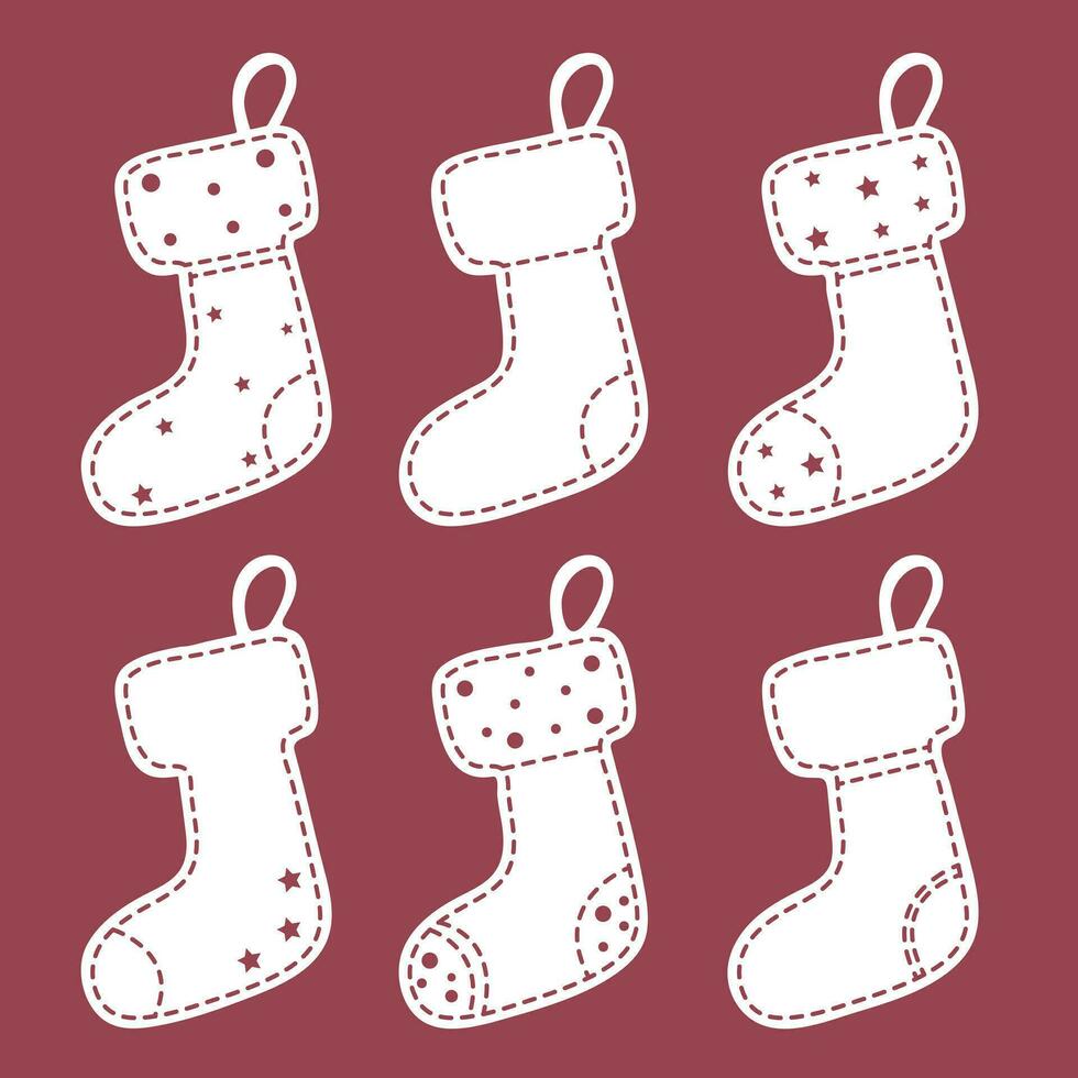 conjunto do meias para decoração a casa, lareira dentro a estilo do papercut. Natal meias estão branco em uma vermelho fundo. universal adesivo modelo para a decoração do cartões postais, bandeiras, fundos vetor