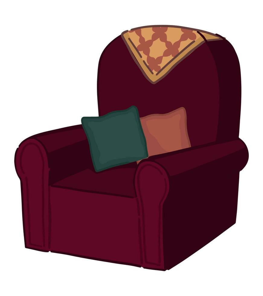rabisco do acolhedor poltrona e travesseiros. grampo arte confortável suave cadeira mobiliário. desenho animado vetor ilustração isolado em branco.