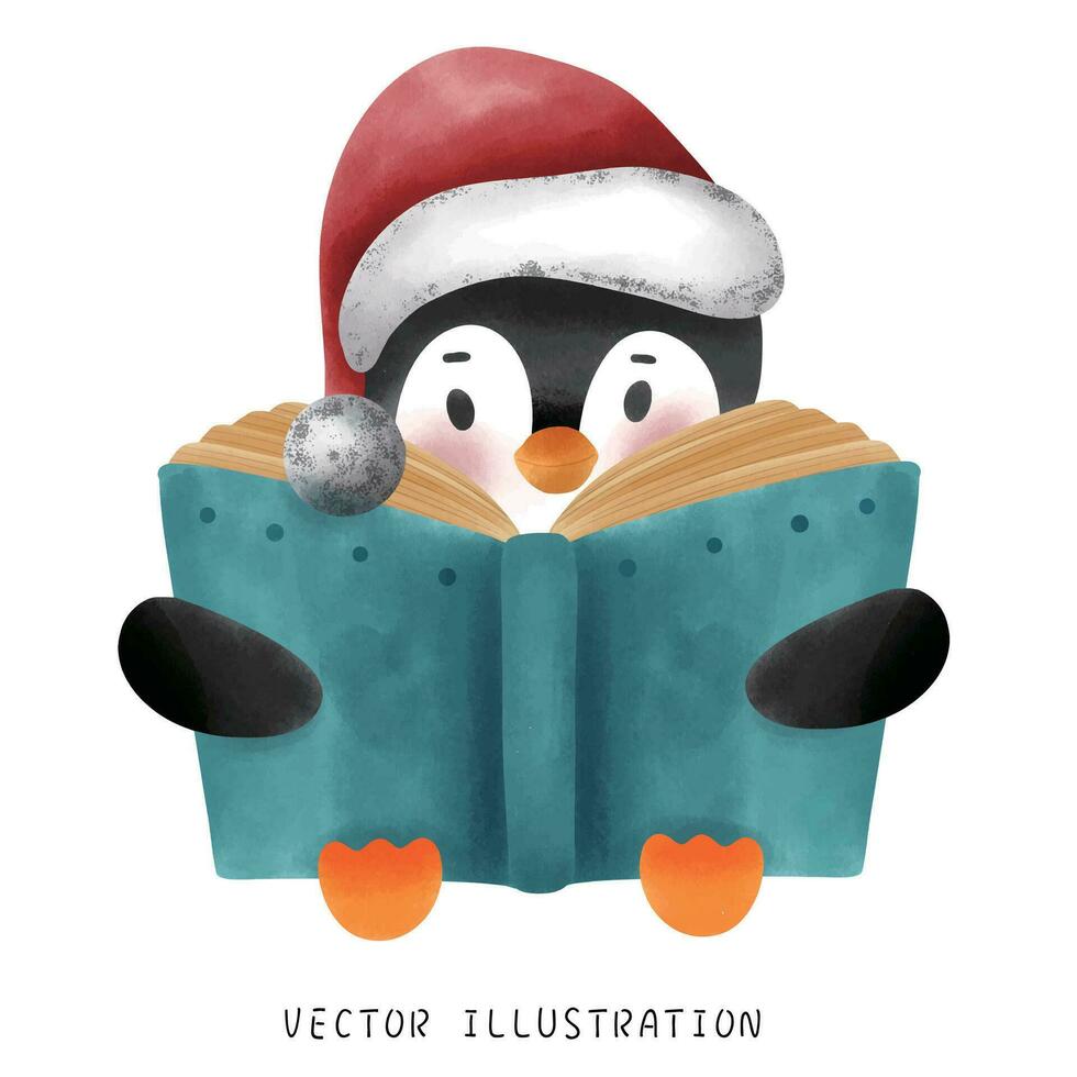 adorável pinguim dentro vermelho chapéu e cachecol desfrutando Natal lendo vetor