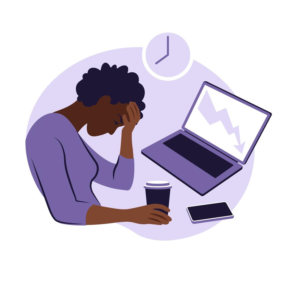 síndrome de burnout profissional. ilustração cansado mulher africana. vetor