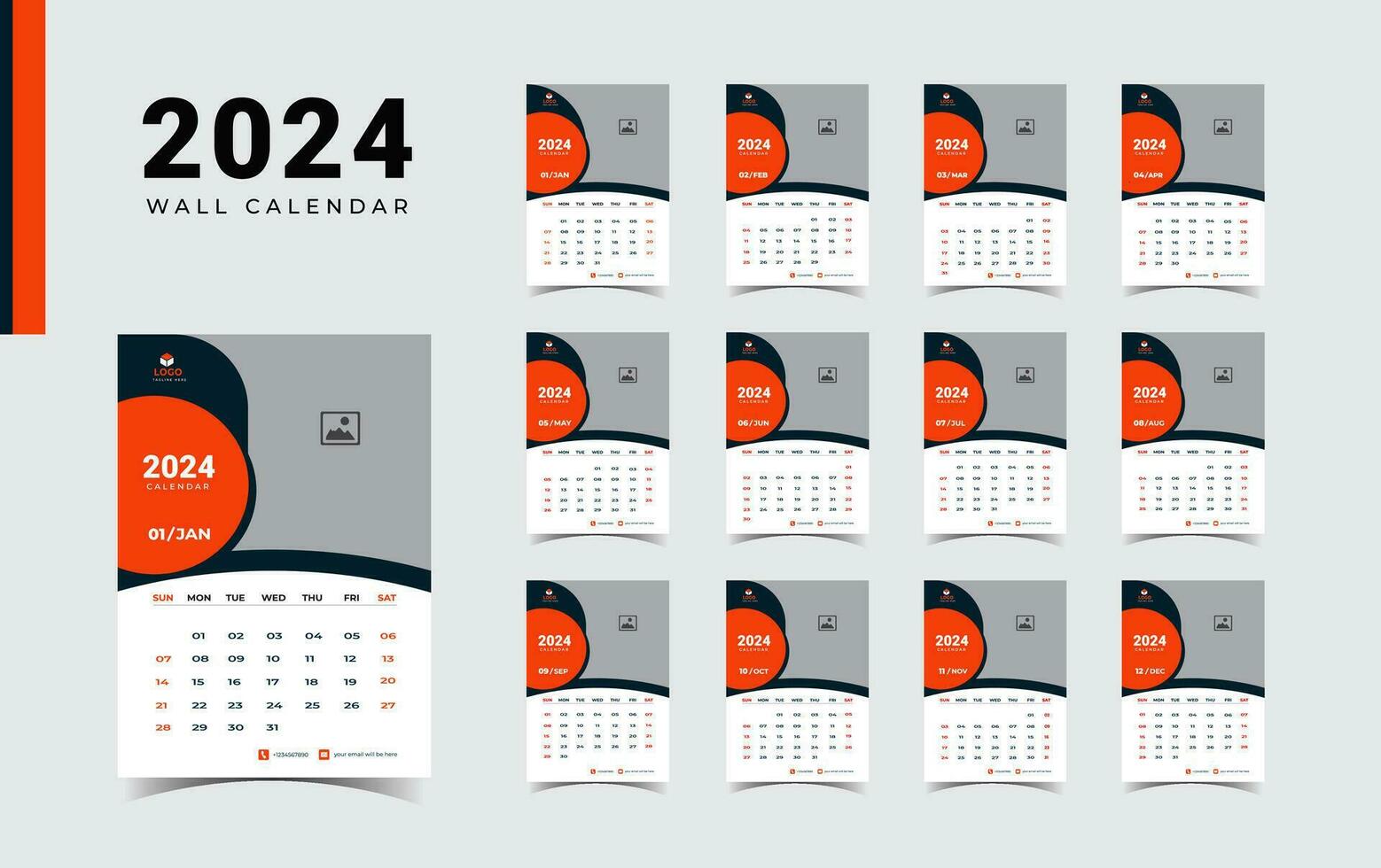 Novo ano calendário para 2024, semana começar domingo corporativo Projeto planejador modelo. parede calendário dentro uma minimalista estilo. vetor