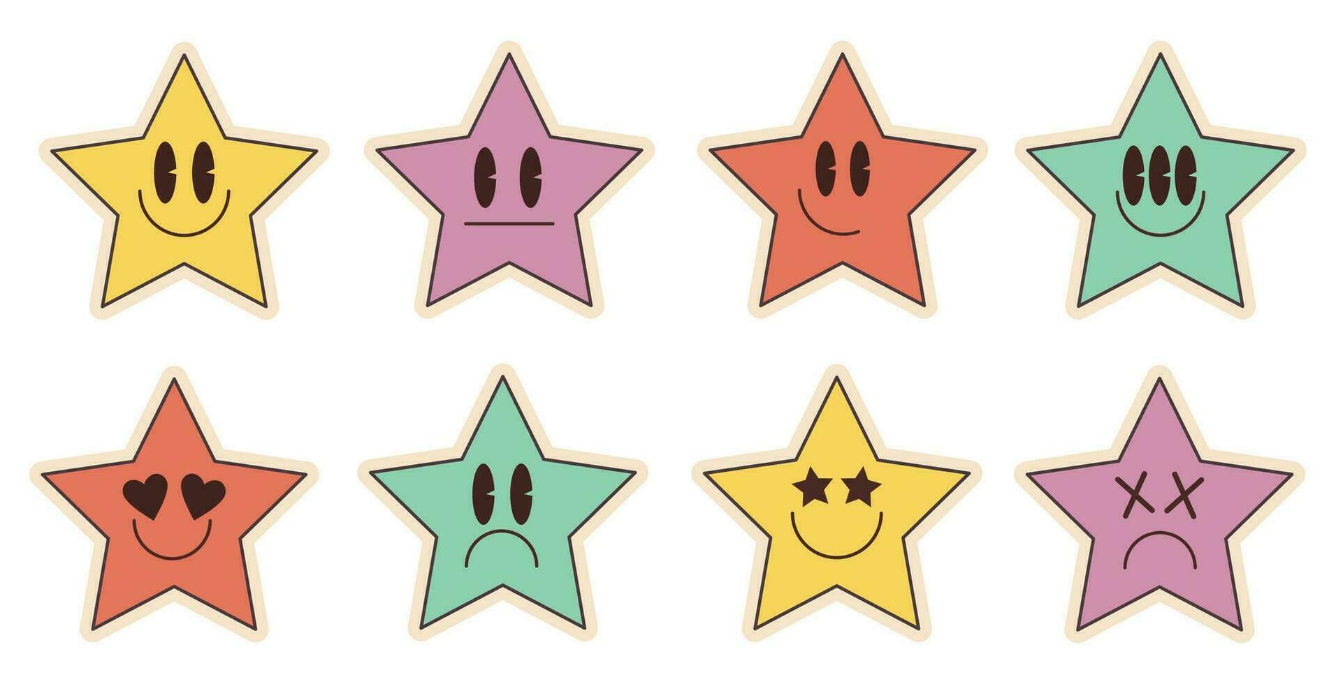 conjunto do groovy estrelas emoji dentro trippy estilo. engraçado rostos com olhos e sorriso. vetor